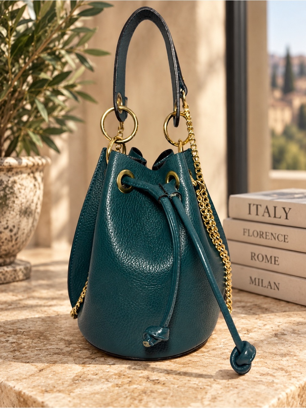 Divaβs Bag Made in Italy Genuine Leather Teal Bucket Crossbody Bag